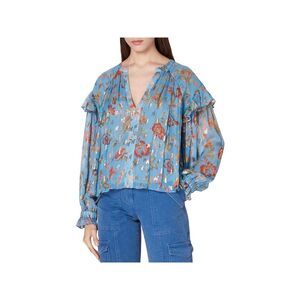 DEREK LAM 10 CROSBY Womens Blue Ruffled Pleated Long Sleeve Split Blouse 0